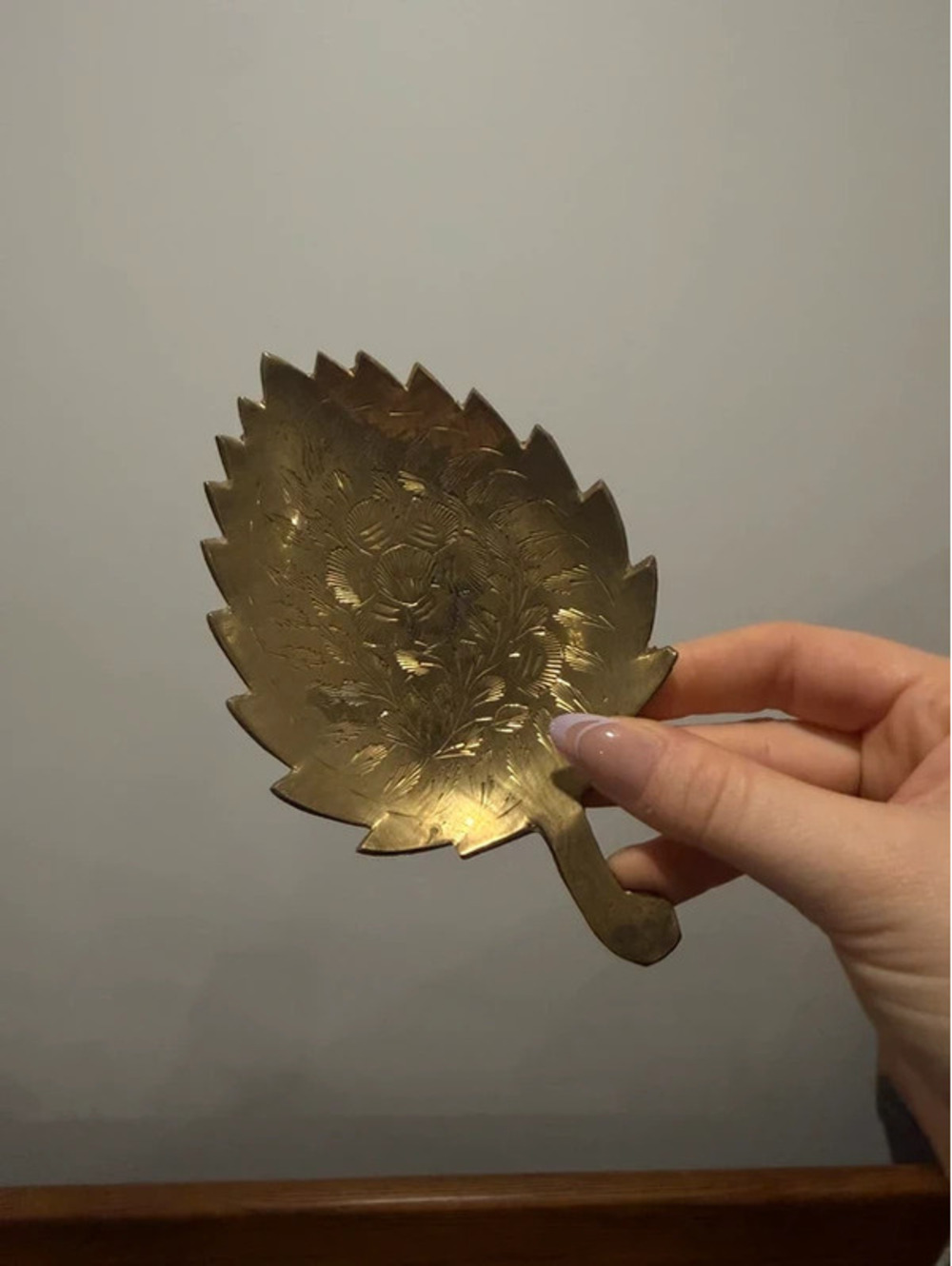 Vintage Engraved Leaf-Shaped Metal Trinket Dish